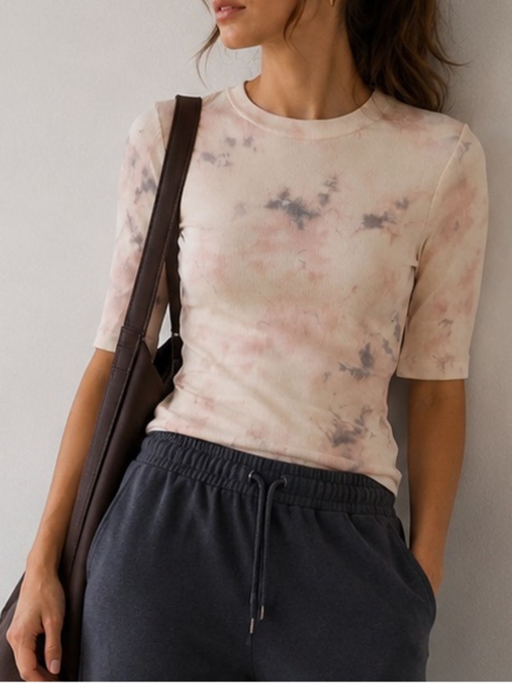 Zara Pink and Gray Tie-Dye Ribbed Short Sleeve Top